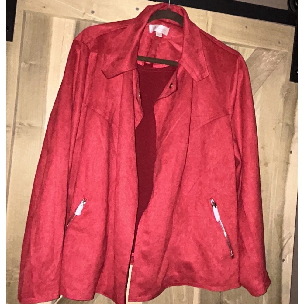 Philosophy Faux Leather Jacket Women 2X Red Open Front Long Sleeve